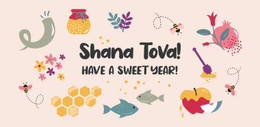 Rosh Hashana, Jewish holiday. Translation from Hebrew - Happy New Year. Apple, honey, pomegranate, flowers and leaves, Jewish New Year symbols and icons. Vector illustration