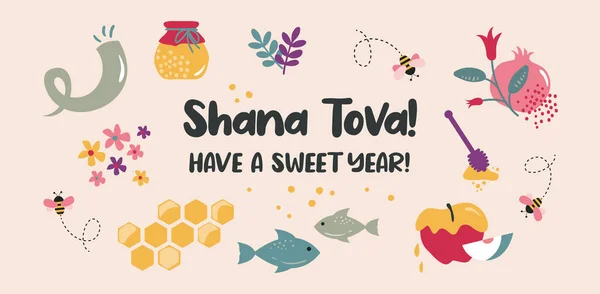 Rosh Hashana Jewish Holiday Translation Hebrew Happy New Year Apple — Vetor de Stock