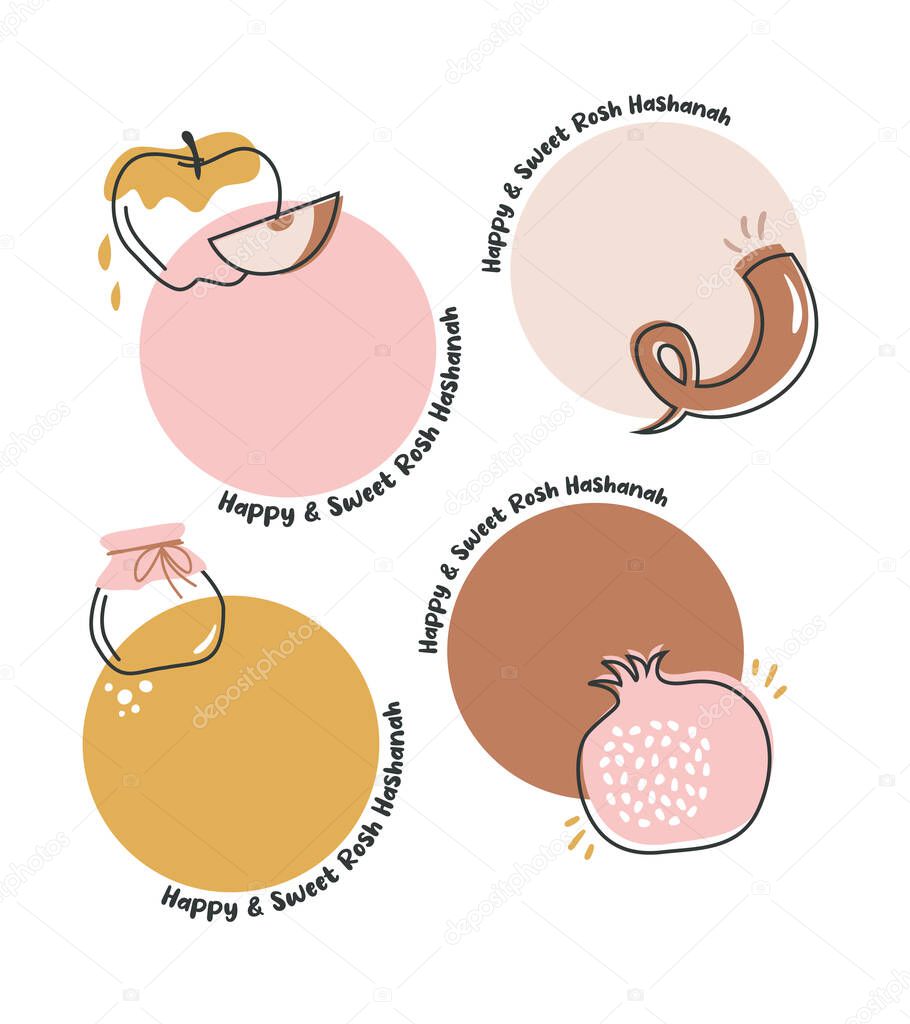 Rosh Hashana, Jewish holiday, greeting card set with traditional items. Pomegranate, apple , honey and flowers.