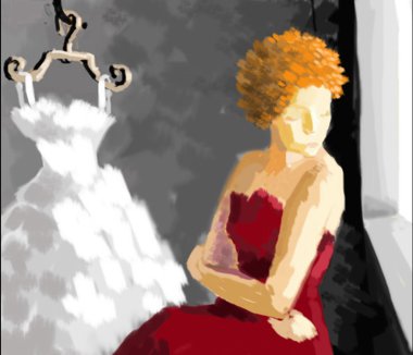 Sad girl sits near a wedding dress clipart
