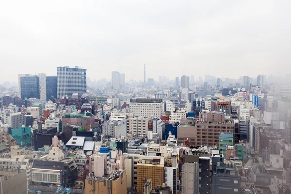 Panoramę Tokio przez okno hotelu mglisty — Zdjęcie stockowe