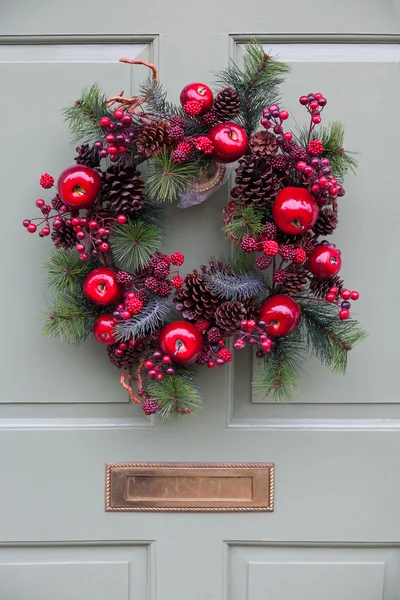 淡い緑のドアのクリスマスの花輪 — ストック写真