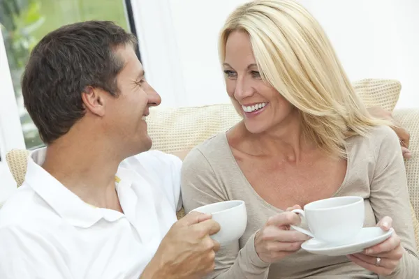 Happy Man & Woman Couple Drinking Tea or Coffee — Stock Photo, Image