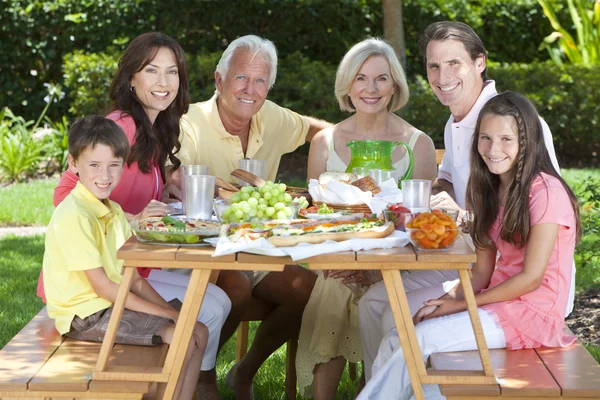 Parents Grands-parents Enfants Famille Manger sainement à l'extérieur — Photo