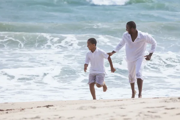 African American Father Son Family Running on Beach — Stock Photo, Image