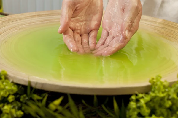 Woman's Hands in Green Liquid at Health Spa — Stock Photo, Image