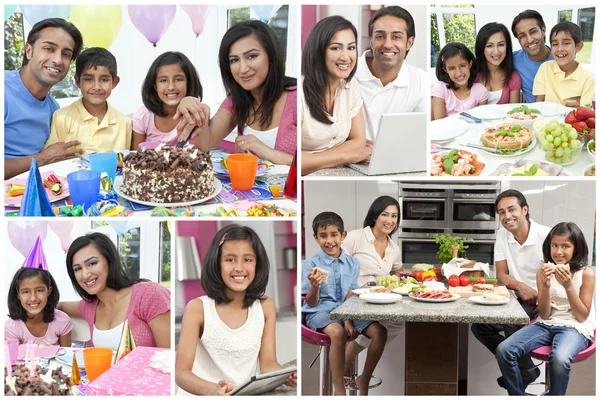 Montagem da família indiana asiática Comer alimentos saudáveis — Fotografia de Stock