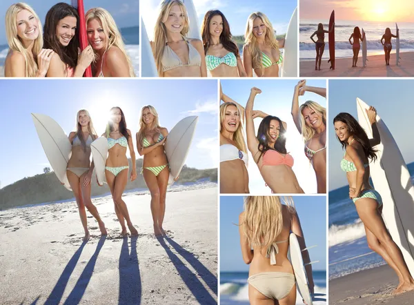Montagem Três jovens mulheres em uma praia com pranchas de surf — Fotografia de Stock