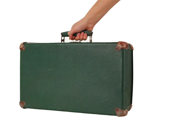 孤立的白色背景上的旧绿色破旧手提箱 — 图库照片