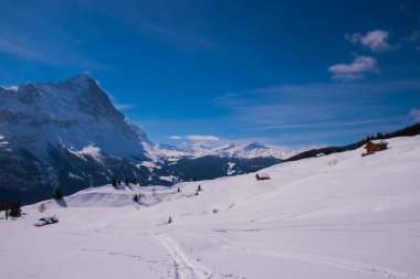 İsviçre 'de karla kaplı dağlar. Jungfrau bölgesinde çekildi, Grindelwald, İsviçre.