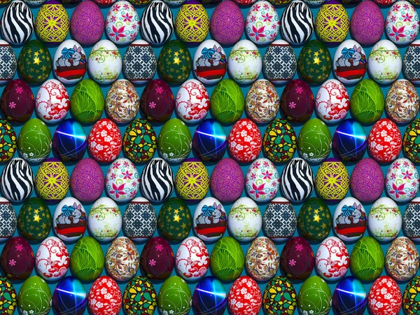 Ovos de Páscoa em um fundo azul. Textura. 3D . — Fotografia de Stock