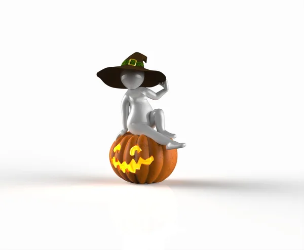 3d girl with witch hat sits on a halloween pumpkin — Stock Photo, Image