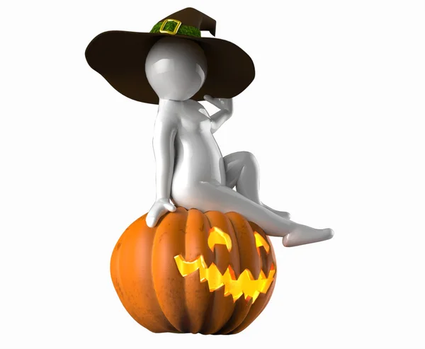3d girl with witch hat sits on a halloween pumpkin — Stock Photo, Image
