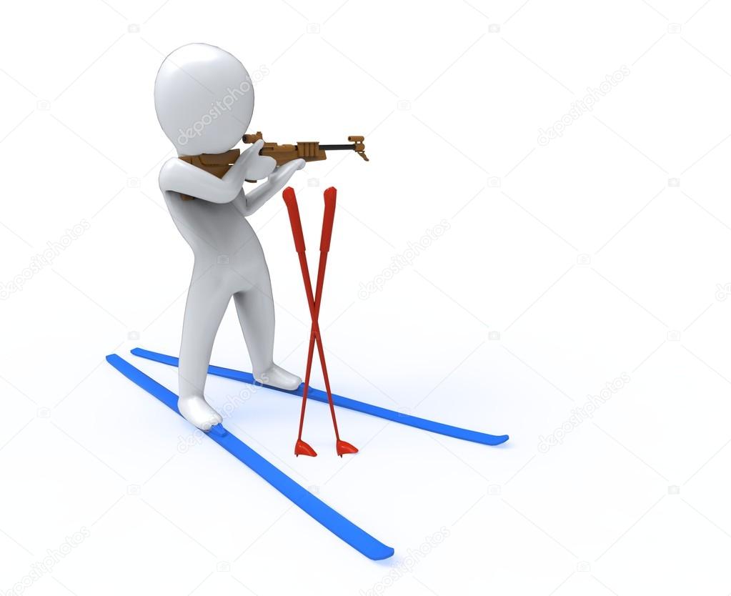 Biathlon. 3D man fires a gun at a target