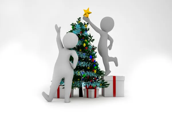 3D-man en vrouw met geschenkdozen en kerstboom — Stockfoto