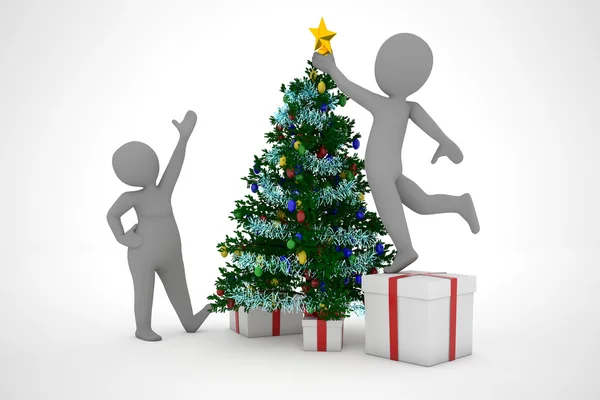 3D-man en vrouw met geschenkdozen en kerstboom — Stockfoto
