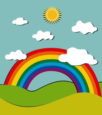 stilize vektör yatay, gökkuşağı, güneş ve bulutlar