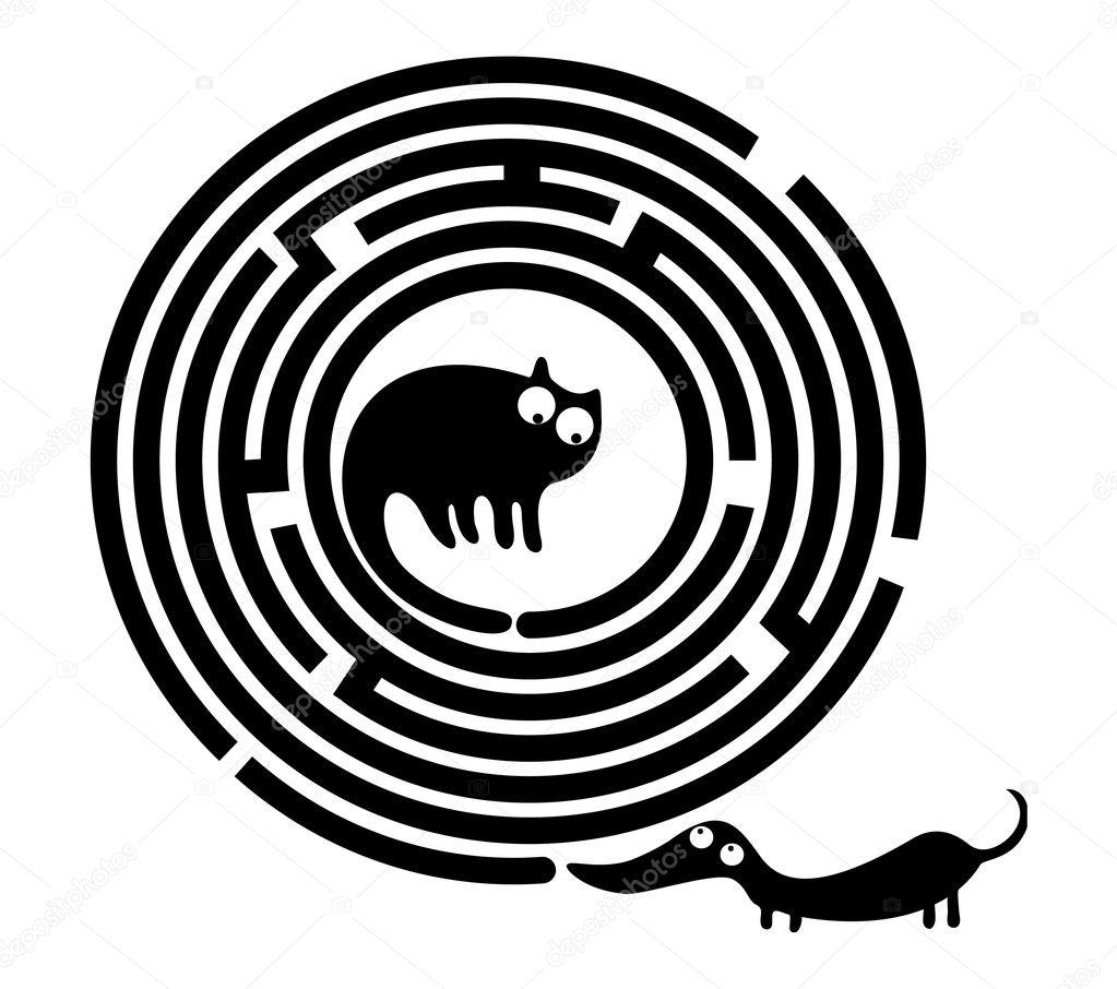 Funny cat and mouse in round maze