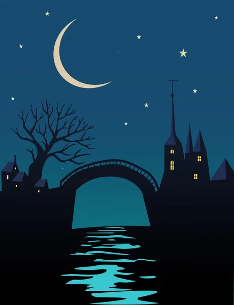 Nacht landschap met bridge — Stockfoto