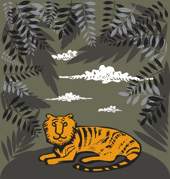 Funny tiger in jungle — Stockvector