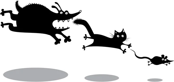 面白い走っている犬、猫およびマウス — ストックベクタ