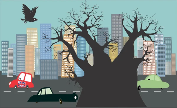 Fondo de paisaje urbano con coches y árbol —  Fotos de Stock