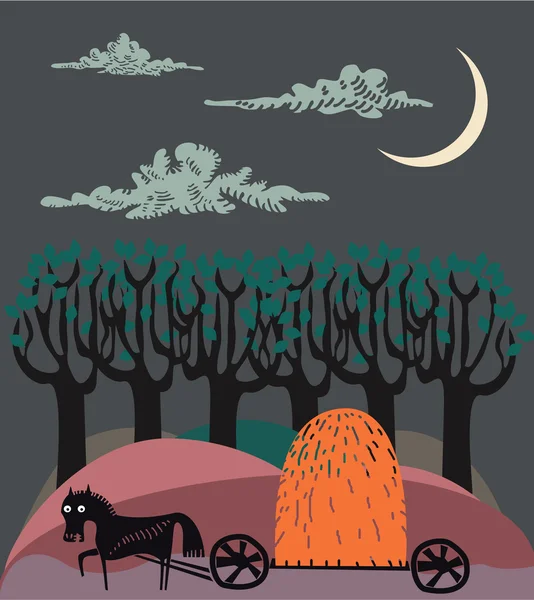 Caballo con carreta en el bosque — Vector de stock