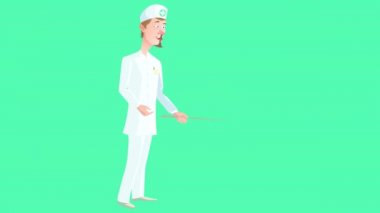 Anatomik atlas üzerine açıklayıcı bir konferans veren bir doktorun karikatür videosu. Video döngüye alındı ve şeffaf bir arkaplan alfa kanalı içeriyor. 