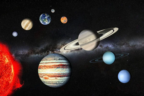 Solar System illustration with the Sun, 8 planets, and the Moon