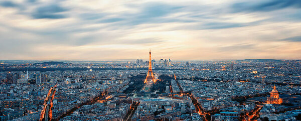 Paris city panorama at sunset