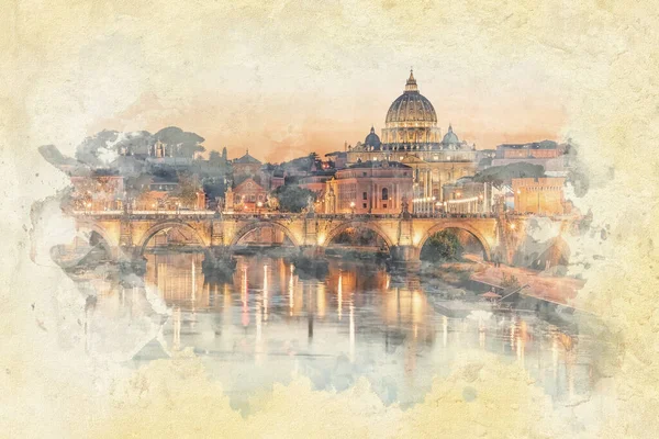 Πόλη Της Ρώμης Στο Ηλιοβασίλεμα Ακουαρέλα Απεικόνιση Εφέ — Φωτογραφία Αρχείου