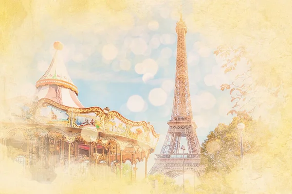 Carousel Eiffel Tower Paris Watercolor Effect Illustration — Stockfoto
