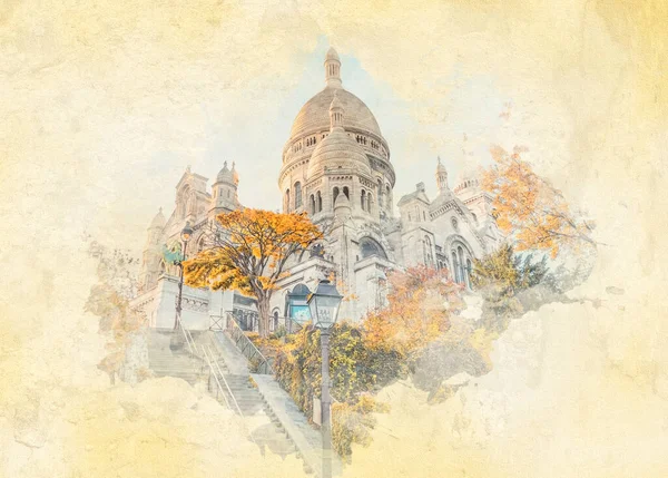 Sacre Coeur Basilica Montmartre Paris Watercolor Effect Illustration — Stockfoto