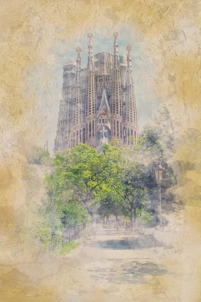 Basilica Sagrada Familia Barcelona Watercolor Effect Illustration — Stock Fotó