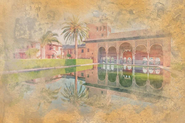 Alhambra Granady Efekt Akwareli Ilustracja — Zdjęcie stockowe