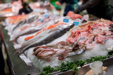 Balık pazarında buzlu deniz ürünleri.