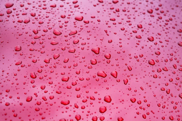 Close Picture Rain Drops Red Car Hood — Stock Photo, Image