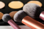 Közelkép a make up termékek és kiegészítők, kontúr paletta, kefék fehér háttér