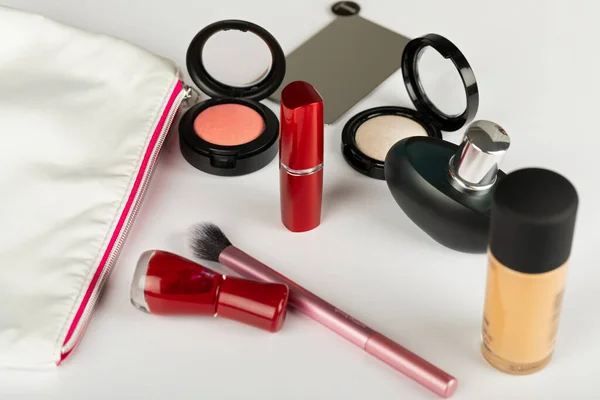 Imagen Productos Maquillaje Esmalte Uñas Otros Accesorios Belleza Sobre Fondo — Foto de Stock