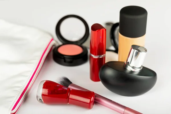 Imagen Productos Maquillaje Esmalte Uñas Otros Accesorios Belleza Sobre Fondo — Foto de Stock