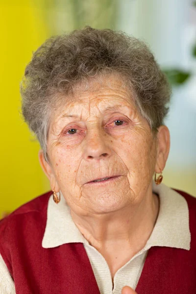 Retrato Uma Senhora Idosa Feliz Casa — Fotografia de Stock