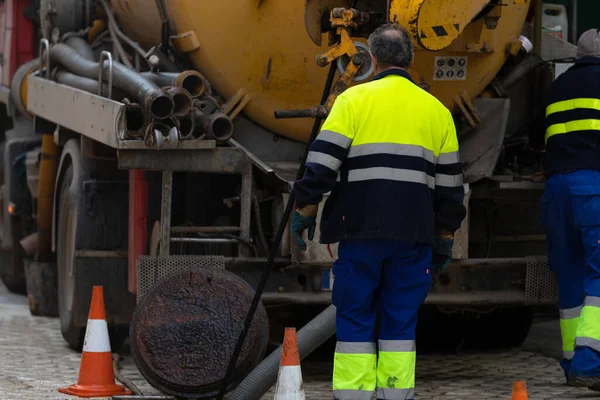 Drain Cleaning Sewage Truck Pumping Out Contaminated Wate Stok Lukisan  