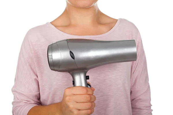 Female Holding Gray Hair Dryer Isolated Background — Stock Photo, Image