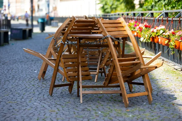 Empty Folded Wooden Chairs Tables Coffee Restaurant Terrace — Zdjęcie stockowe
