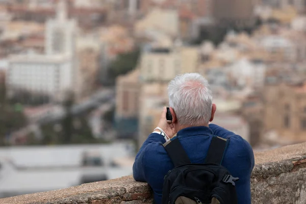 Old Man Taking Picture Malaga Spain Лицензионные Стоковые Изображения