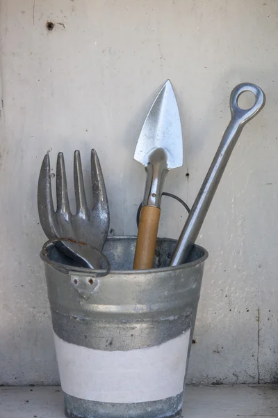 Gardening tools on zinc bucket — Stock Photo, Image