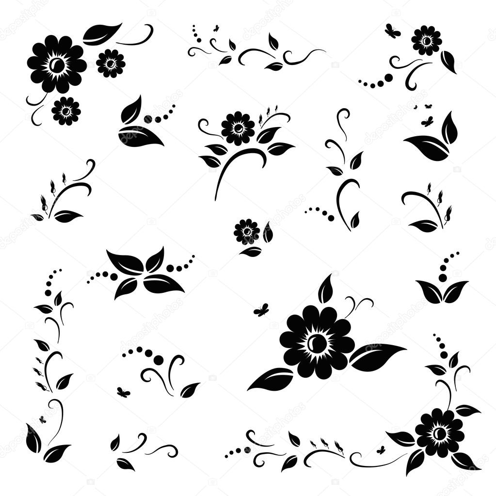 Vector set of black flowers and leaves. EPS 10