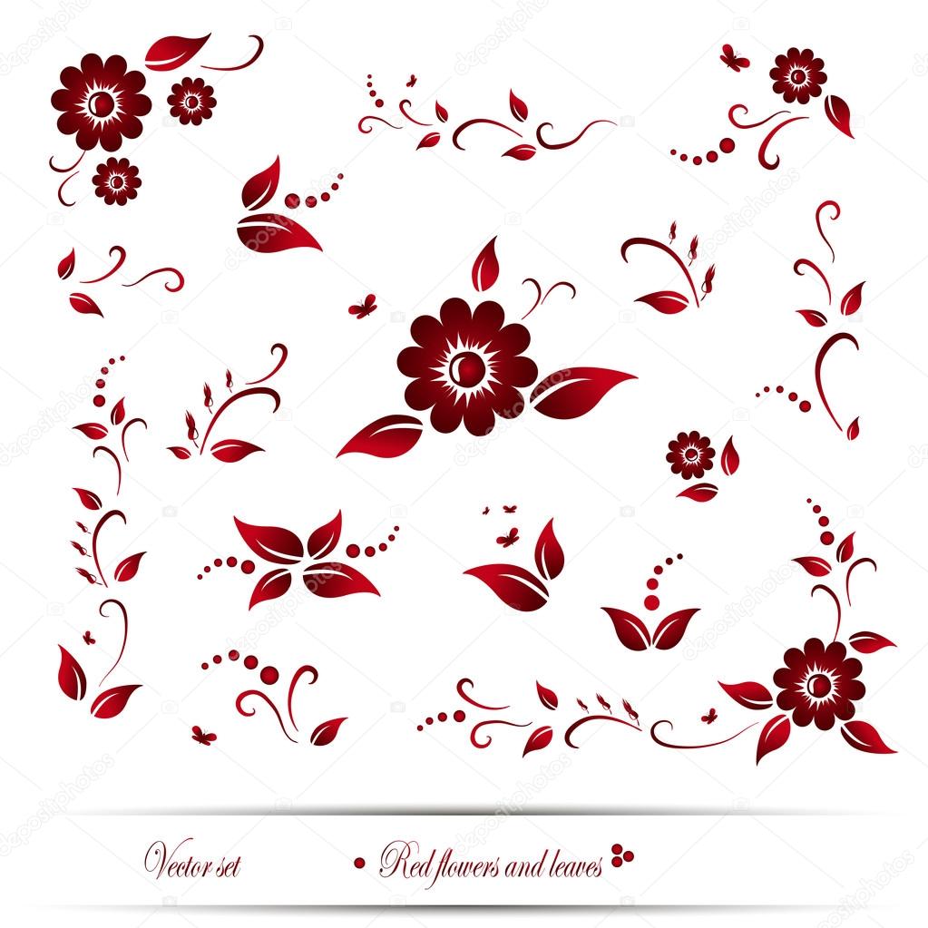 Vector set of red flowers and leaves. EPS 10