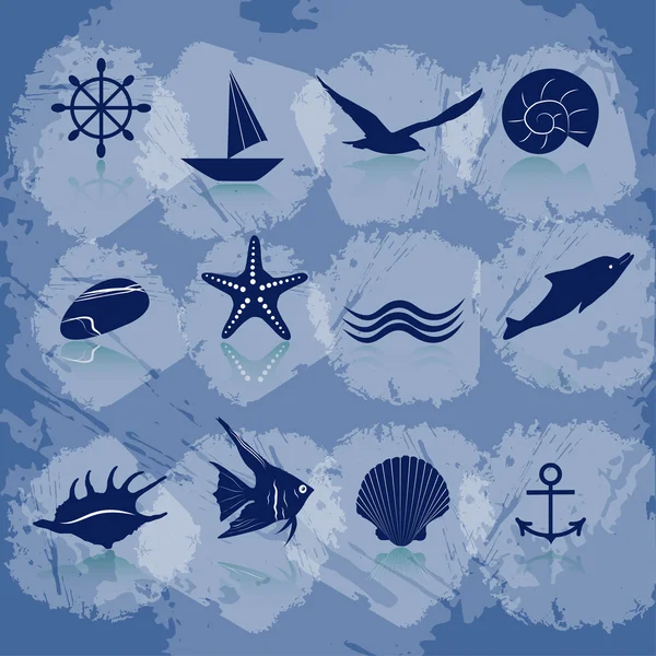 Ikon laut dan kehidupan laut berwarna biru. EPS 10 - Stok Vektor