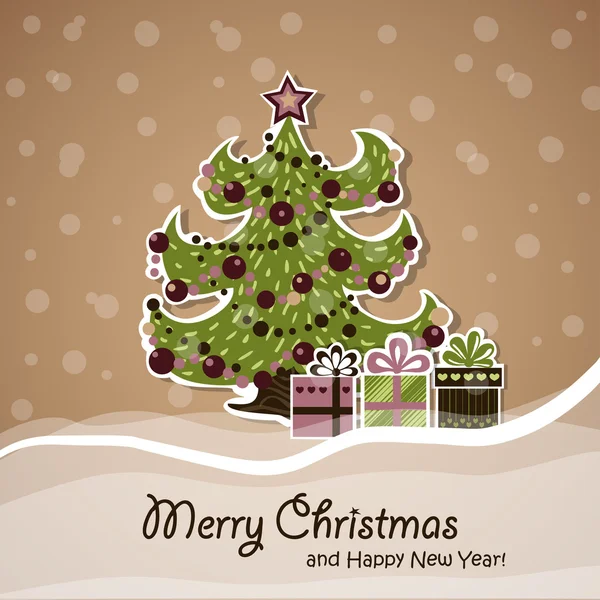 Biglietto di Natale vettoriale con albero di Natale e regali — Vettoriale Stock